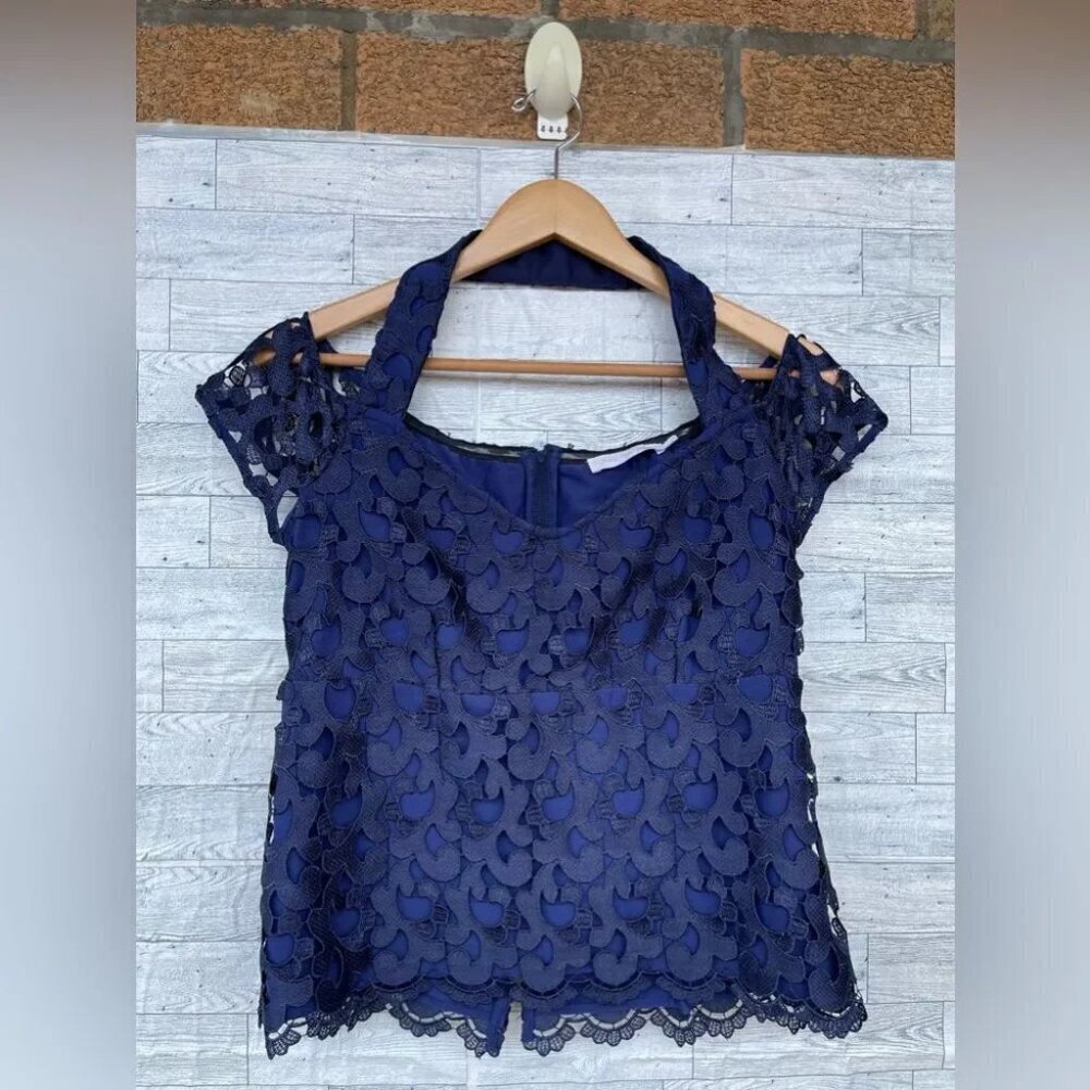 Anne Fontaine Blouse Women Blue Lace Floral Cold Shoulder 42
